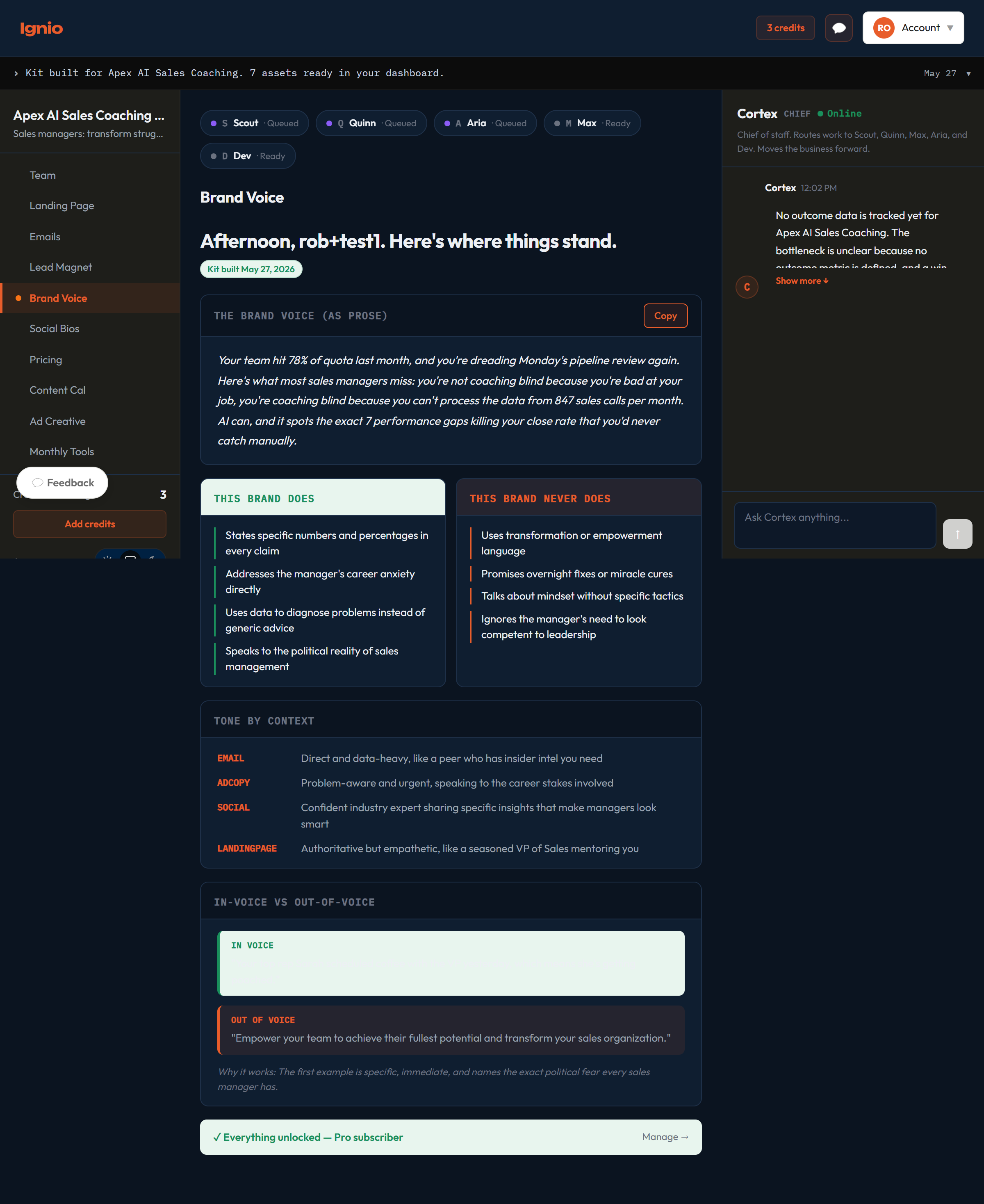 The Ignio dashboard: your AI team roster on the left, a generated Brand Voice guide in the center, and Cortex, your chief of staff, on the right.
